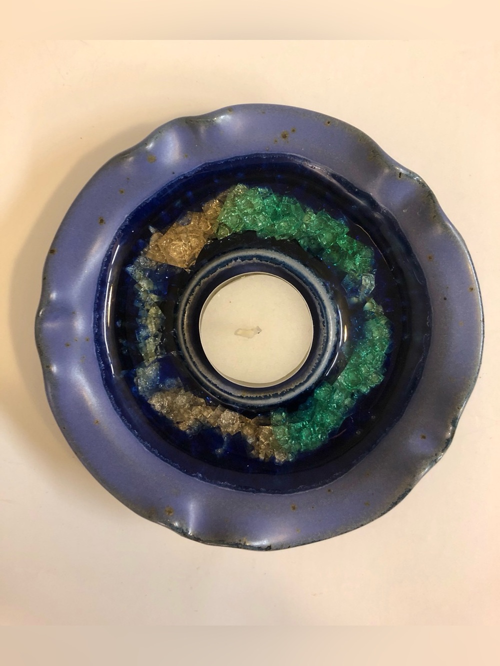 Pottery tea light votive candle holder Handcrafted  Crushed Glass
